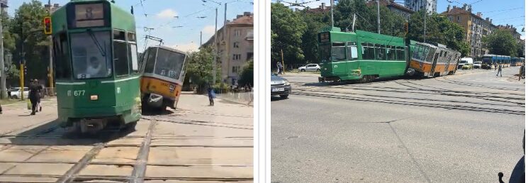 Извънредно! Два трамвая се сблъскаха на ключово кръстовище в София, релсовата стрелка не сработила (СНИМКИ+ВИДЕО)
