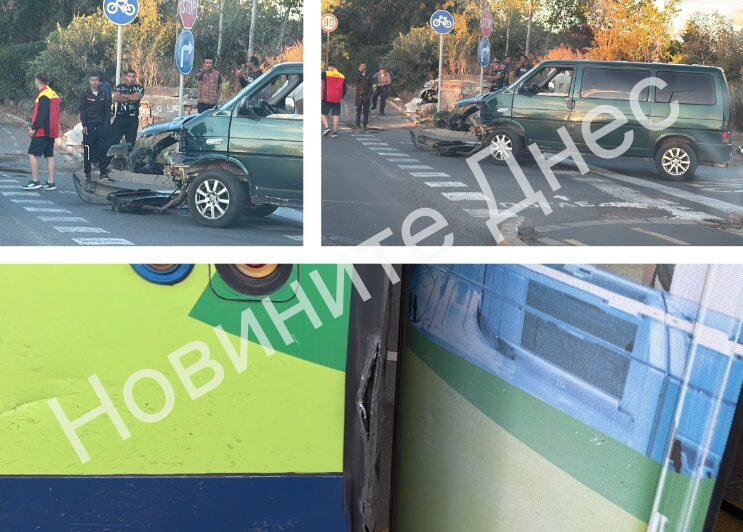 Ексклузивно в „Новините Днес“: Миниван с шофьори роми се натресе в автобус на излизане от „Меден Рудник“ в посока „Трапезица“, има ли пострадали? (СНИМКИ и ВИДЕО)